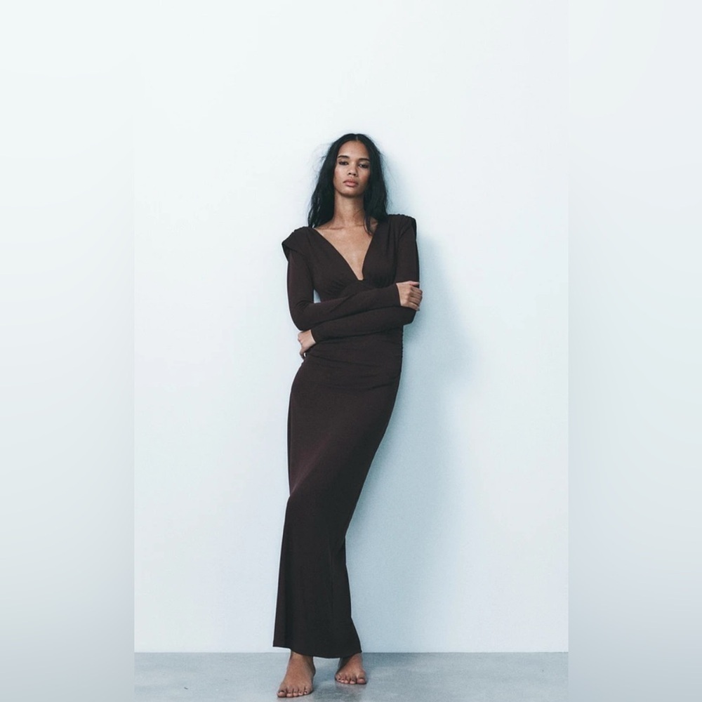 BNWT Zara Chocolate Long Dress with Shoulder Pads – Size M